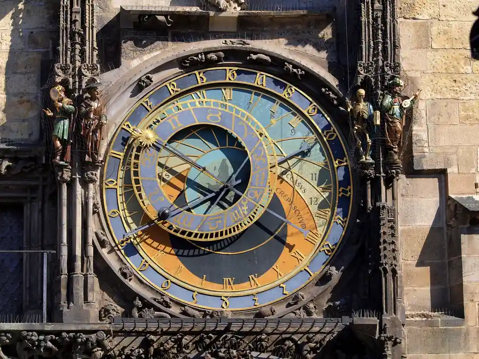 Cadran de l'horloge astronomique de Prague : chiffres romains dorés, anneau du zodiaque et aiguilles du Soleil et de la Lune